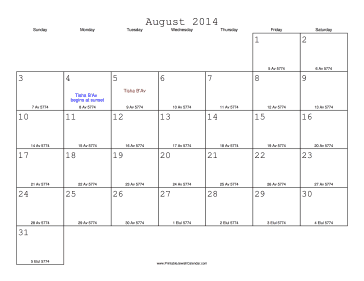 August 2014 Calendar with Jewish equivalents 