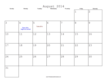 August 2014 Calendar with Jewish holidays 