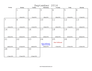 September 2014 Calendar with Jewish equivalents 