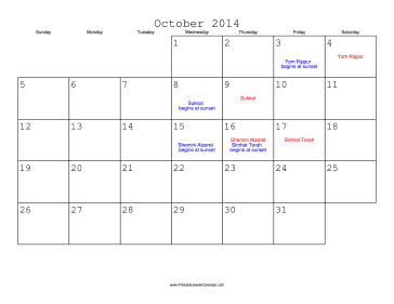 October 2014 Calendar with Jewish holidays 