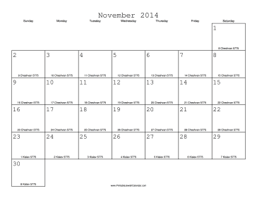 November 2014 Calendar with Jewish equivalents 