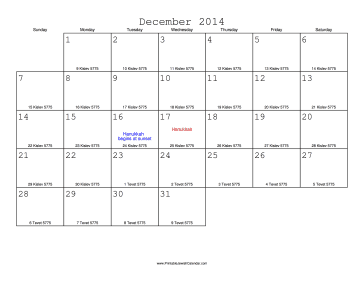 December 2014 Calendar with Jewish equivalents 