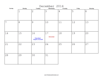 December 2014 Calendar with Jewish holidays 