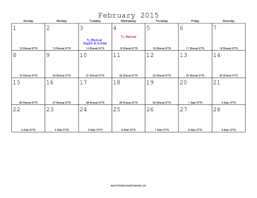February 2015 Calendar with Jewish equivalents 