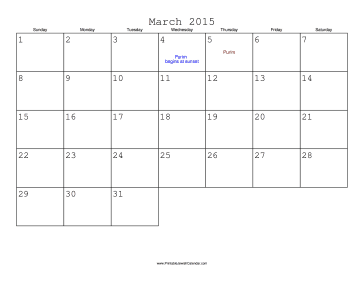 March 2015 Calendar with Jewish holidays 