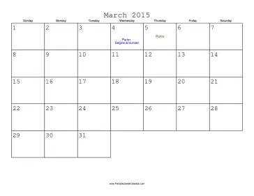 March 2015 Calendar with Jewish holidays 