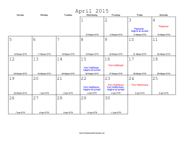 April 2015 Calendar with Jewish equivalents 