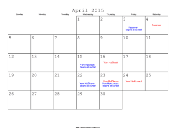 April 2015 Calendar with Jewish holidays 