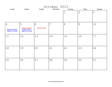 October 2015 Calendar with Jewish holidays 