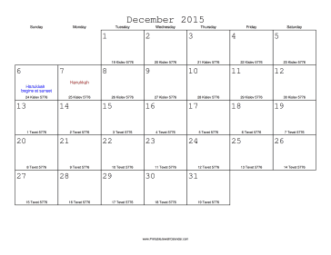 December 2015 Calendar with Jewish equivalents 