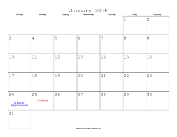 January 2016 Calendar with Jewish holidays 