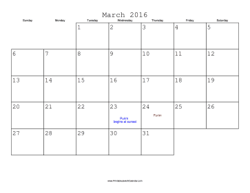 March 2016 Calendar with Jewish holidays 