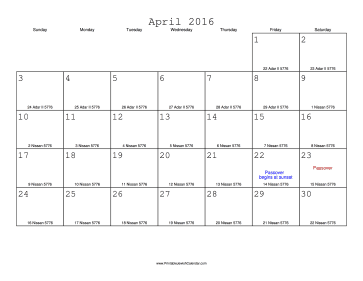 April 2016 Calendar with Jewish equivalents 