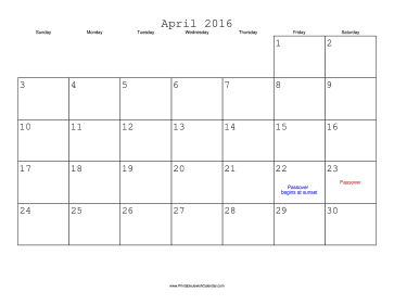 April 2016 Calendar with Jewish holidays 
