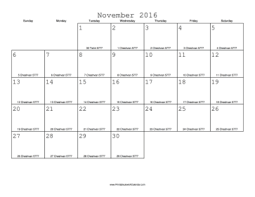 November 2016 Calendar with Jewish equivalents 