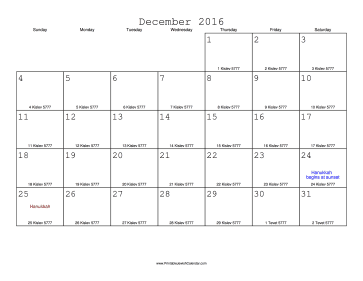 December 2016 Calendar with Jewish equivalents 