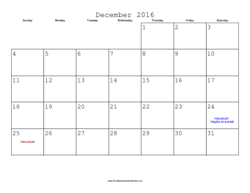 December 2016 Calendar with Jewish holidays 