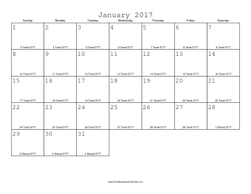 January 2017 Calendar with Jewish equivalents 