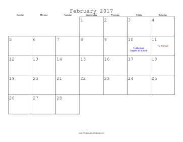 February 2017 Calendar with Jewish holidays 