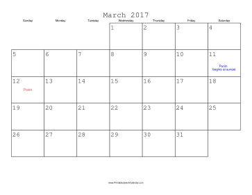 March 2017 Calendar with Jewish holidays 