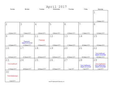 April 2017 Calendar with Jewish equivalents 