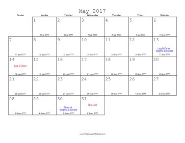 May 2017 Calendar with Jewish equivalents 