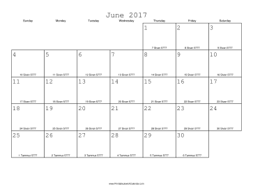 June 2017 Calendar with Jewish equivalents 