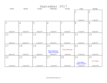 September 2017 Calendar with Jewish equivalents 