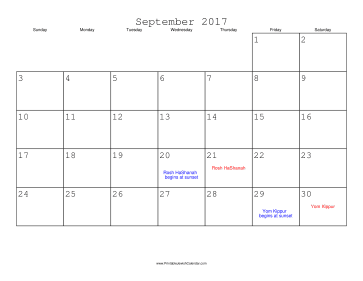 September 2017 Calendar with Jewish holidays 