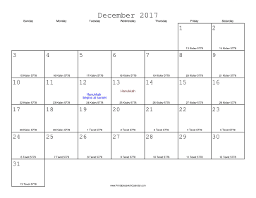 December 2017 Calendar with Jewish equivalents 