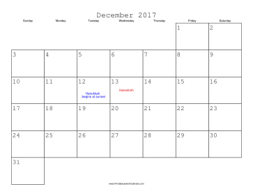 December 2017 Calendar with Jewish holidays 