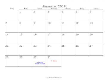 January 2018 Calendar with Jewish holidays 