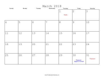 March 2018 Calendar with Jewish holidays 