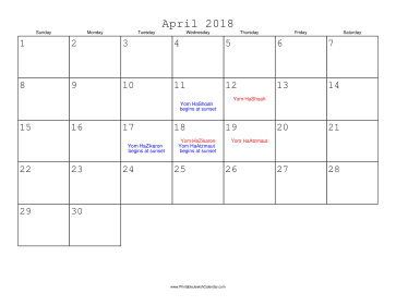 April 2018 Calendar with Jewish holidays 