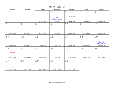 May 2018 Calendar with Jewish equivalents 