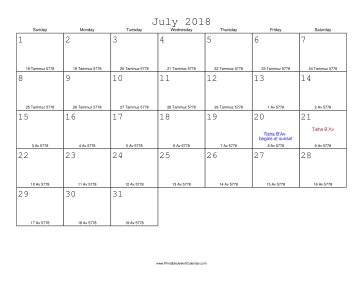 July 2018 Calendar with Jewish equivalents 
