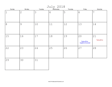 July 2018 Calendar with Jewish holidays 