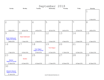 September 2018 Calendar with Jewish equivalents 