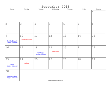September 2018 Calendar with Jewish holidays 