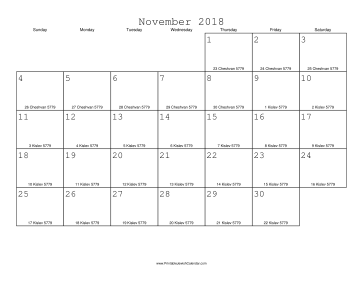 November 2018 Calendar with Jewish equivalents 