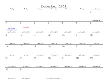 December 2018 Calendar with Jewish equivalents 