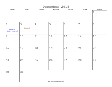 December 2018 Calendar with Jewish holidays 