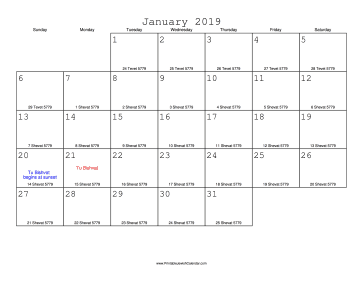 January 2019 Calendar with Jewish equivalents 