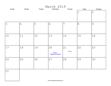 March 2019 Calendar with Jewish holidays 