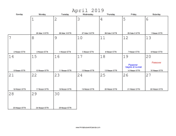 April 2019 Calendar with Jewish equivalents 