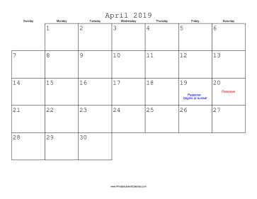 April 2019 Calendar with Jewish holidays 