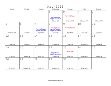May 2019 Calendar with Jewish equivalents 