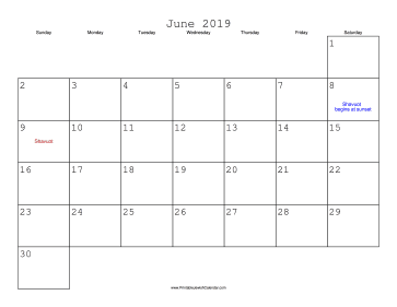 June 2019 Calendar with Jewish holidays 