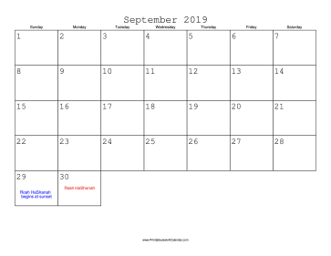 September 2019 Calendar with Jewish holidays 