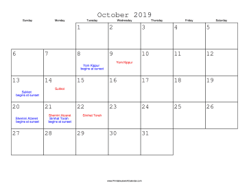 October 2019 Calendar with Jewish holidays 